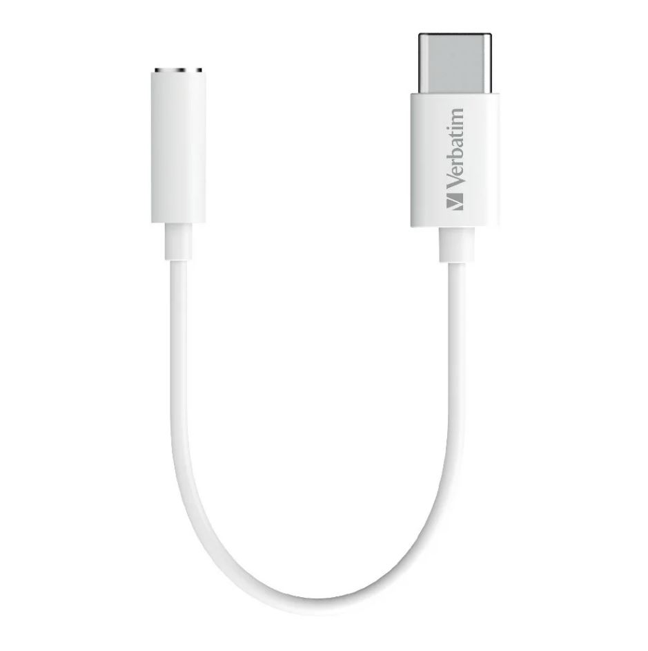 Verbatim USB-C to 3.5mm Headphone Jack 10cm - White - Click Image to Close