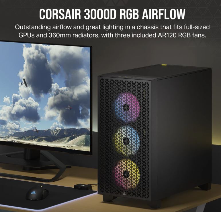 Corsair Carbide Series 3000D RGB Solid Steel Front ATX Tempered Glass Black 3x AR120 RGB Fans Adapter preinstalled.