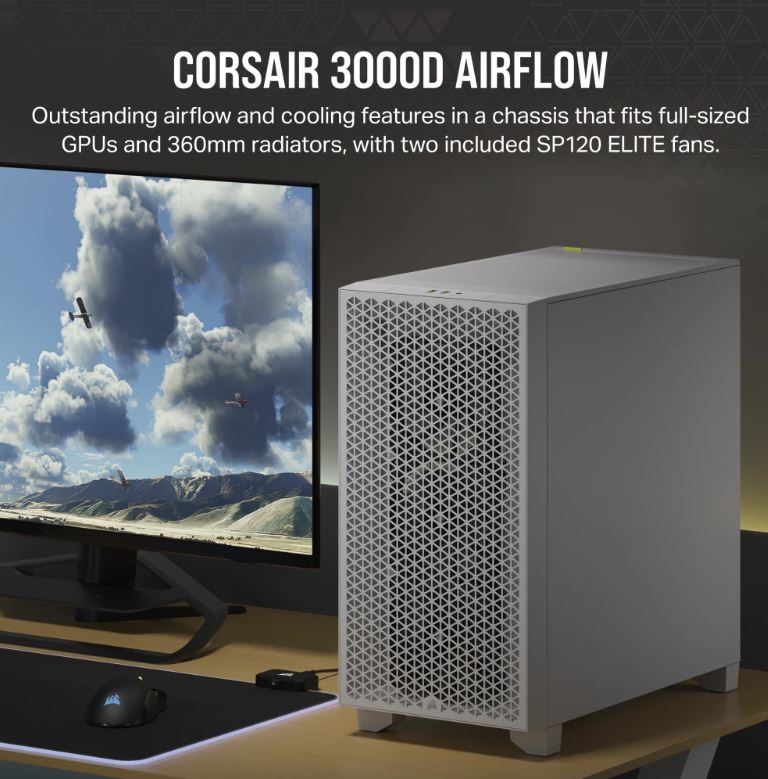 Corsair Carbide Series 3000D Solid Steel Front ATX Tempered Glass White 2x 120mm Fans preinstalled. USB 3.0 x 2 Audio IO. Case