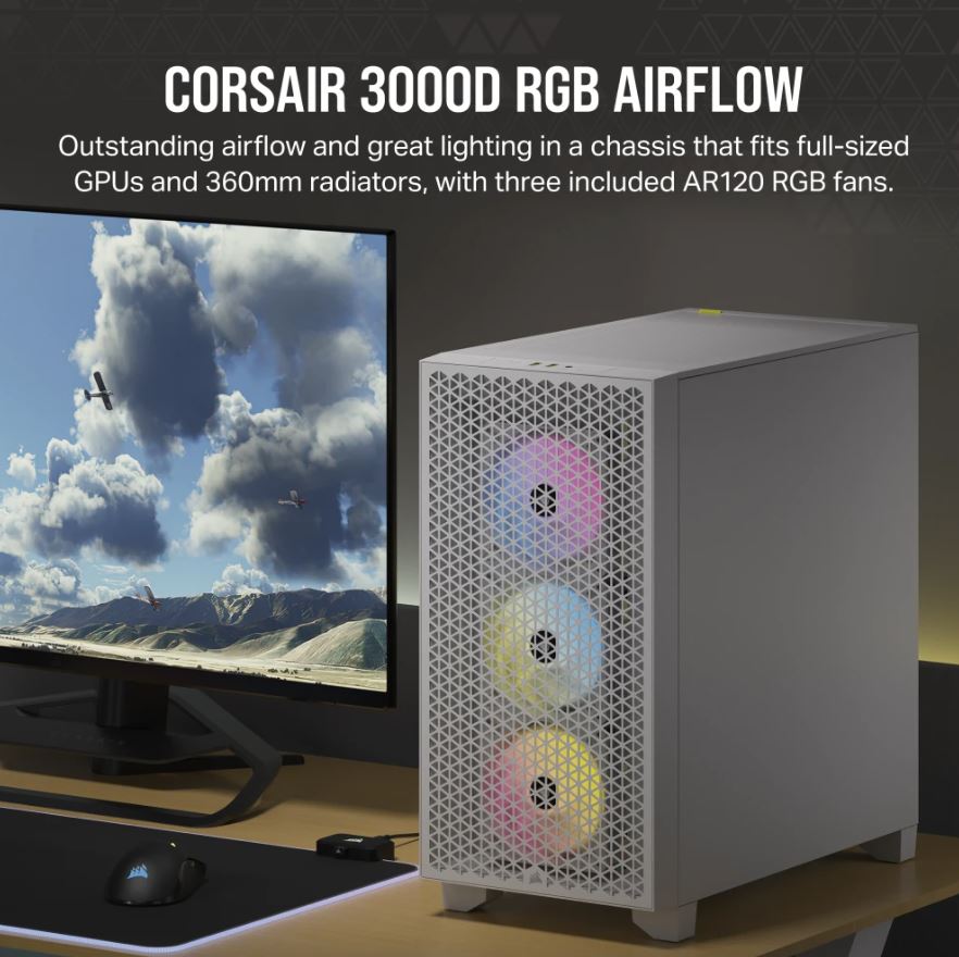 Corsair Carbide Series 3000D RGB Solid Steel Front ATX Tempered Glass White 3x AR120 RGB Fans Adapter preinstalled.