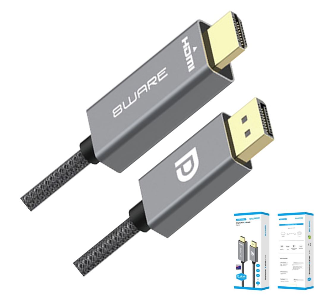 8ware 1m DisplayPort DP to HDMI Male to Male Adapter Converter Cable Retail Pack 1080P Nylon Braide