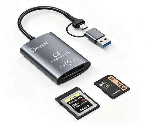 Oxhorn USB 3.2 Gen 2 10Gbps CF Express B and SD Card-reader Aluminum USB-C 3.2 USB-A 3.2 lightweight Plug-and-play Silver (image for) Oxhorn USB 3.2 Gen 2 10Gbps CF Express B and SD Card-reader Aluminum USB-C 3.2 USB-A 3.2 lightweight Plug-and-play Silver