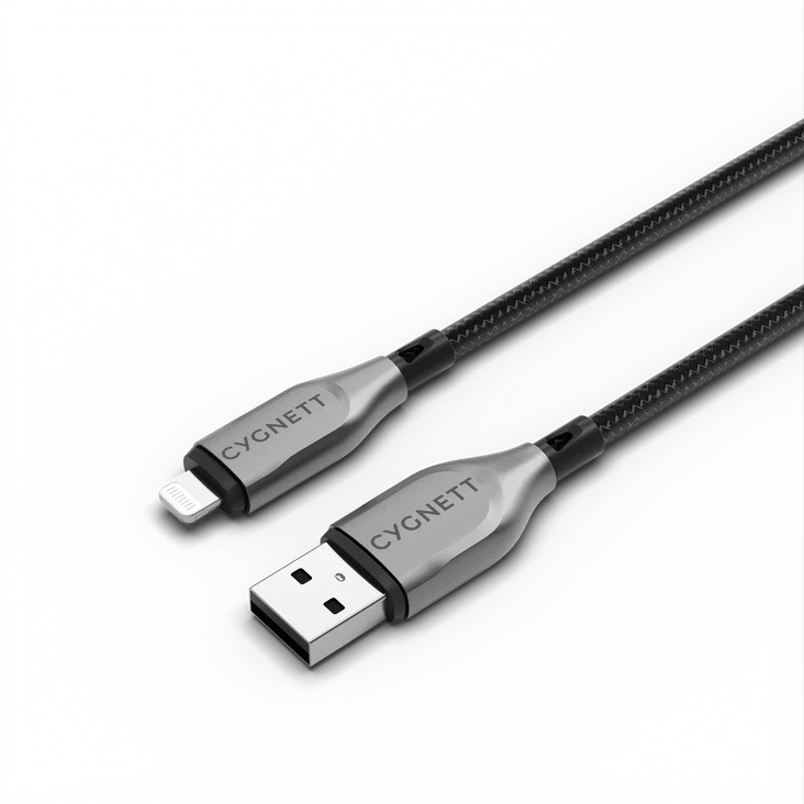 Cygnett Armoured Lightning to USB-A (2.0) Cable (2M) - Black, 2.5A/12W, Braided, 480Mbps Transfer, Fast Charge iPhone
