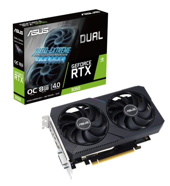 (image for) ASUS nVidia GeForce DUAL-RTX3050-8G-V2 RTX 3050 V2 8GB GDDR6 with two powerful Axial-tech fans and a 2-slot design for broad com