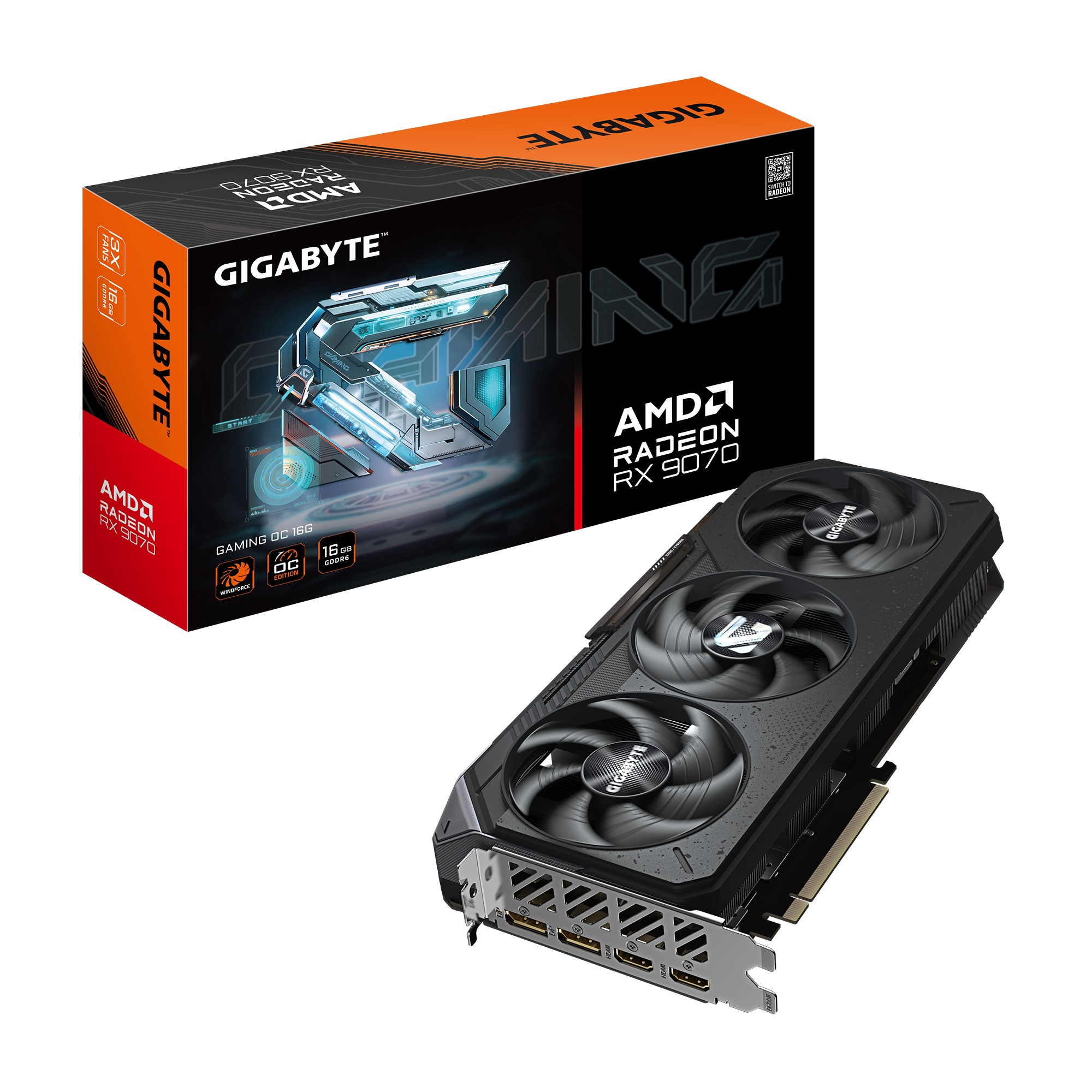 (image for) Gigabyte Radeon RX 9070 GAMING OC 16G, 20 Gbps, GDDR6, PCI-E 5.0, PSU 750W, 8 pin*2, DisplayPort 2.1a x2 HDMI 2.1b x2