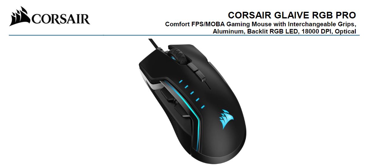 Corsair Gaming GLAIVE PRO RGB Gaming Mouse - Black, Backlit RGB Corsair Gaming GLAIVE PRO RGB Gaming Mouse - Black, Backlit RGB