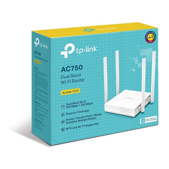 TP-LINK - Archer C24 AC750 Dual-Band WiFi Router 4xLAN 1XWAN,WPS, Router Access Point and Range Extender Modes