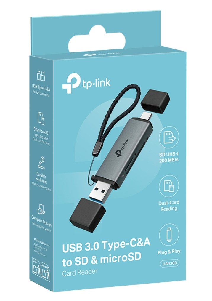 (image for) TPLINK USB 3.0 Type-C&A to SD & microSD 3.0 Card Reader, support SD, SDHC, SDXC, microSD, microSDHC, microSDXC cards up to 2TB.